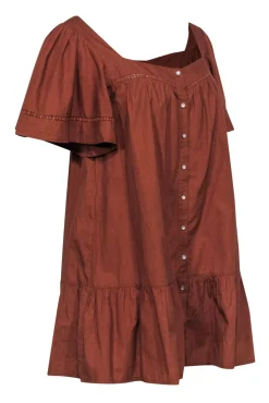 Rahi - Burnt Orange Button-Up Shift Dress w/ Floral Lace Trim & Peplum Hem Sz M