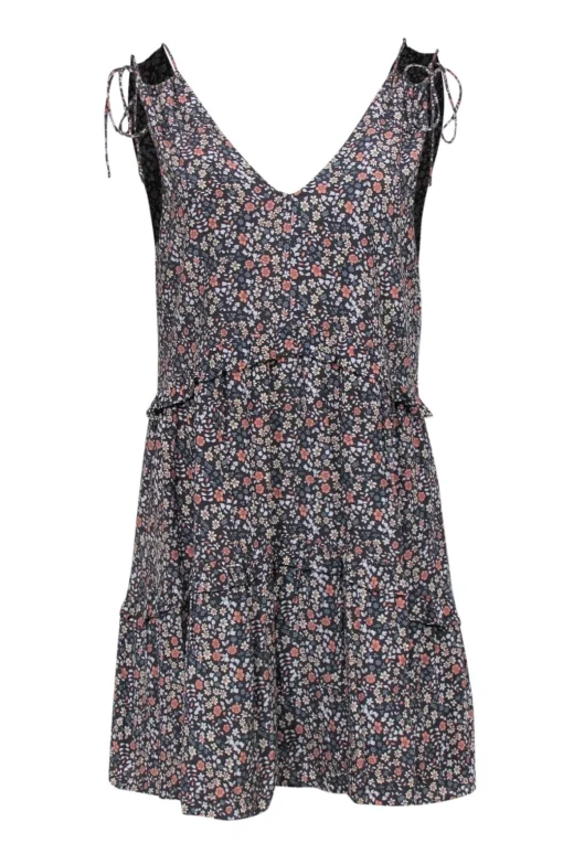 Rails - Grey Tiered Floral Print Mini Dress w/ Tie Shoulder Straps Sz XS