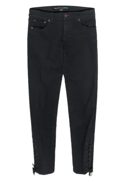 Ralph Lauren - Black High Waisted Skinny Jeans w/ Paneling & Leather Lace-Up Trim Sz 28