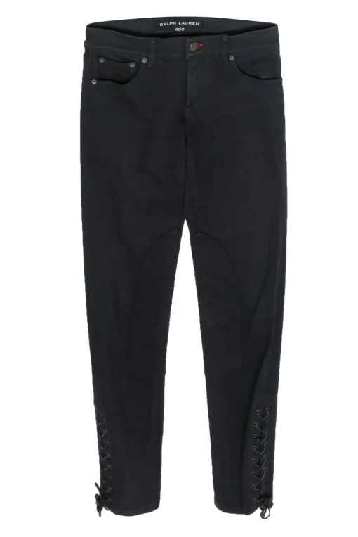 Ralph Lauren - Black High Waisted Skinny Jeans w/ Paneling & Leather Lace-Up Trim Sz 28