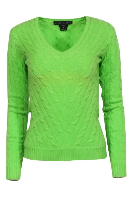 Ralph Lauren - Lime Green Cashmere Cable Knit Sweater Sz S