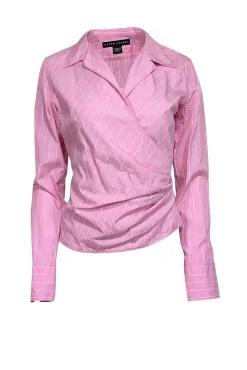 Ralph Lauren - Pink & White Striped Cotton Collared Wrap Top Sz 10