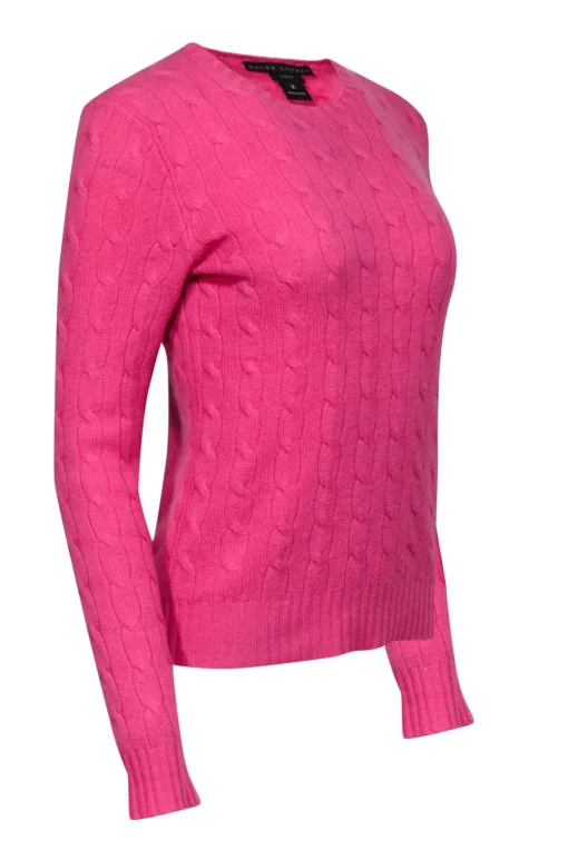 Ralph Lauren - Pink Crewneck Cashmere Cable Knit Sweater Sz M