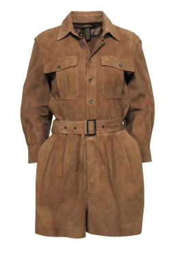 Ralph Lauren Rugby - Tan Goat Suede Button-Up Long Sleeve Romper Sz 8
