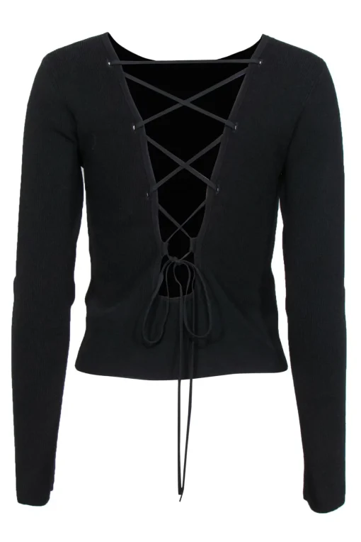 Ramy Brook - Black Ribbed Long Sleeve Fitted “Lucas” Top w/ Lace-Up Back Sz L