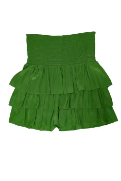 Ramy Brook - Pea Green Satin Smocked Waist Tiered Mini Skirt Sz L