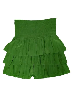 Ramy Brook - Pea Green Satin Smocked Waist Tiered Mini Skirt Sz L