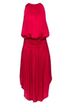 Ramy Brook - Red Satin Smocked Waist Midi Dress Sz M