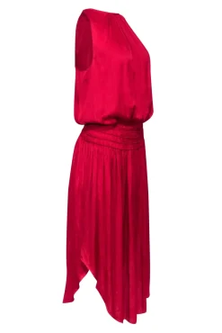 Ramy Brook - Red Satin Smocked Waist Midi Dress Sz M