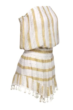 Ramy Brook - White & Gold Sparkly Striped Strapless Dress w/ Pom-Pom Trim Sz XS