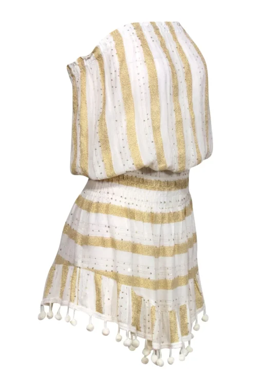 Ramy Brook - White & Gold Sparkly Striped Strapless Dress w/ Pom-Pom Trim Sz XS
