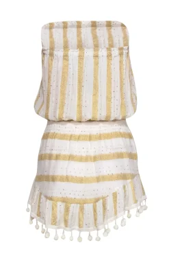 Ramy Brook - White & Gold Sparkly Striped Strapless Dress w/ Pom-Pom Trim Sz XS
