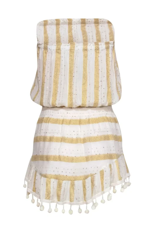 Ramy Brook - White & Gold Sparkly Striped Strapless Dress w/ Pom-Pom Trim Sz XS