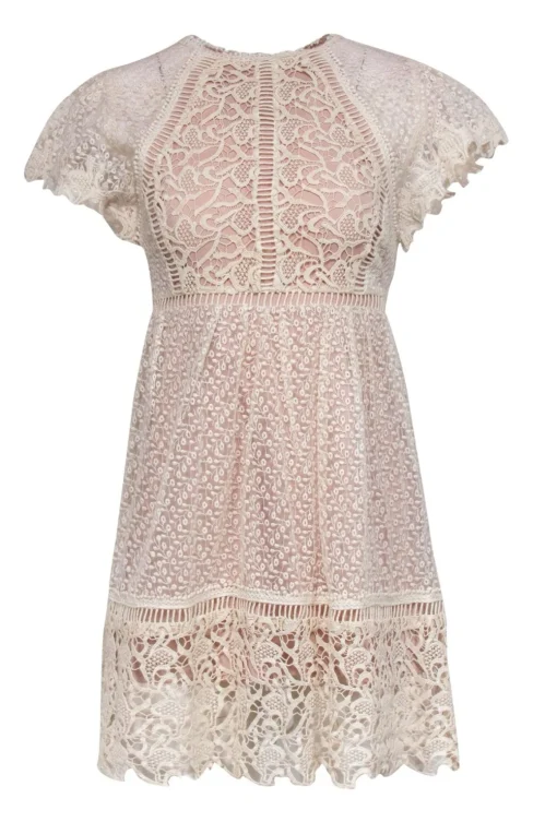 Ranna Gill - Beige Floral Embroidered & Lace Short Sleeve Dress Sz 00P