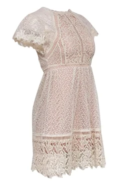 Ranna Gill - Beige Floral Embroidered & Lace Short Sleeve Dress Sz 00P