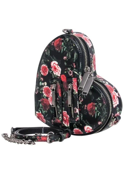 Rebecca Minkoff - Black & Red Rose Print Heart Shaped Lather Crossbody Purse
