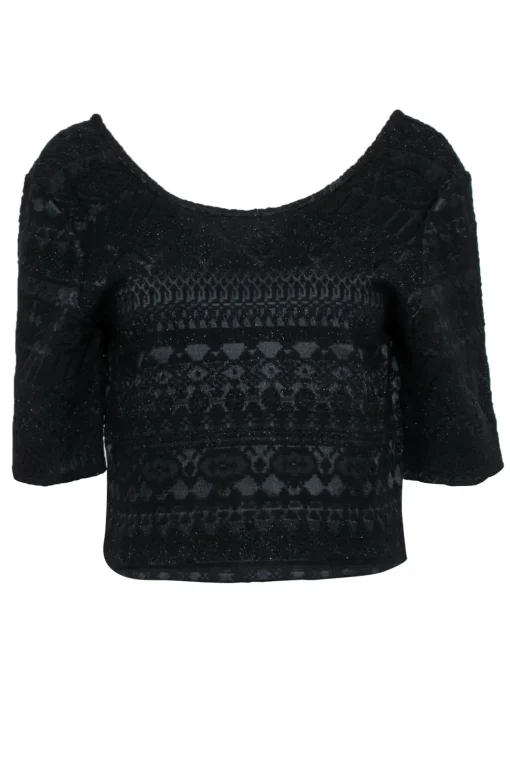 Rebecca Minkoff - Black Sparkly Aztec Textured Cropped "James" Top Sz L