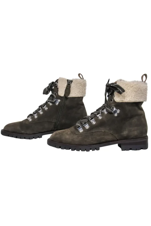 Rebecca Minkoff - Olive Suede Lace-Up Combat Boots w/ Faux Shearling Trim Sz 6.5