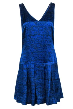 Rebecca Taylor - Black & Blue Printed Satin Drop-Waist Dress Sz 6