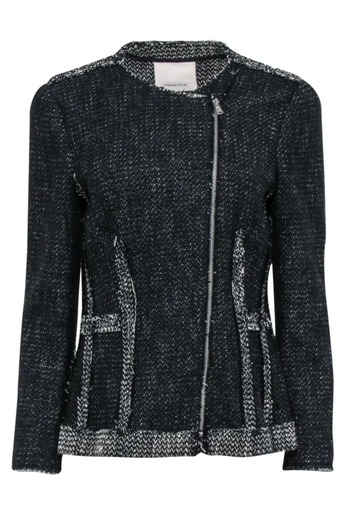 Rebecca Taylor - Black & Ivory Tweed Moto Zip Jacket Sz 8