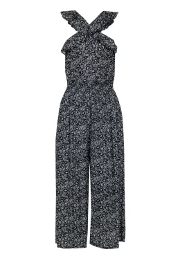 Rebecca Taylor - Black & White Floral Print Silk Wide Leg Jumpsuit w/ Ruffle Neckline Sz 4