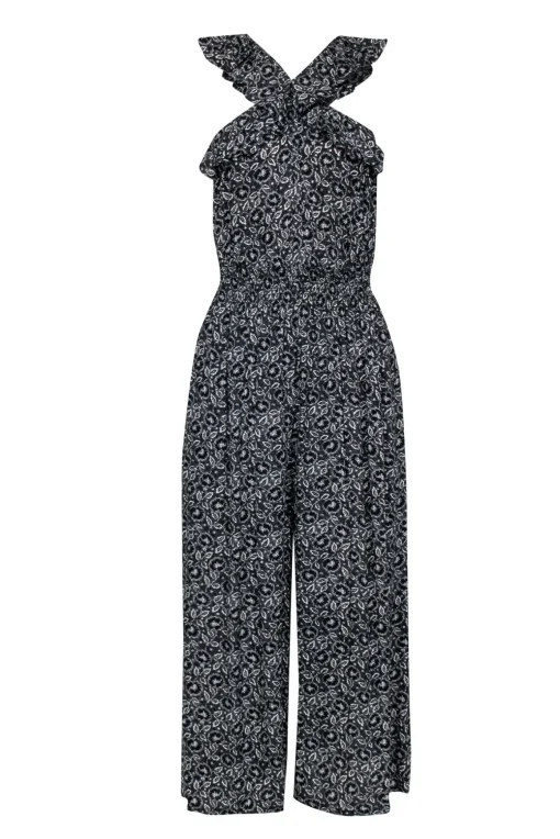 Rebecca Taylor - Black & White Floral Print Silk Wide Leg Jumpsuit w/ Ruffle Neckline Sz 4