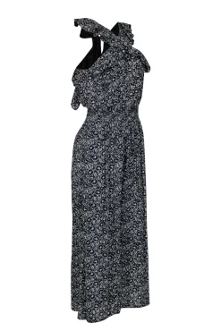 Rebecca Taylor - Black & White Floral Print Silk Wide Leg Jumpsuit w/ Ruffle Neckline Sz 4