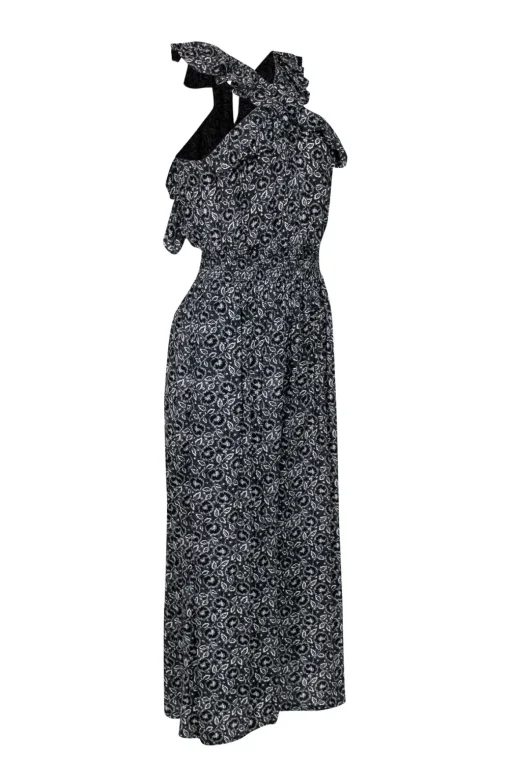 Rebecca Taylor - Black & White Floral Print Silk Wide Leg Jumpsuit w/ Ruffle Neckline Sz 4