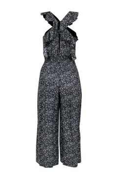 Rebecca Taylor - Black & White Floral Print Silk Wide Leg Jumpsuit w/ Ruffle Neckline Sz 4