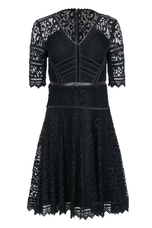 Rebecca Taylor - Black Lace Leather Trim Dress Sz 2