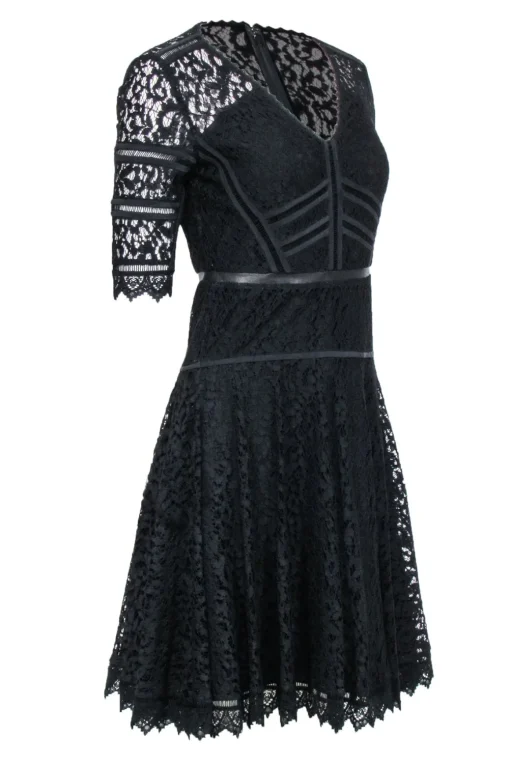 Rebecca Taylor - Black Lace Leather Trim Dress Sz 2