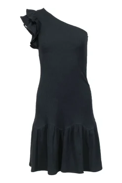 Rebecca Taylor - Black Ribbed Knit One-Shoulder Bodycon Dress w/ Ruffles Sz XS