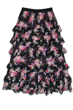 Rebecca Taylor - Black w/ Multicolor Floral Tiered Ruffle Midi Skirt Sz XS