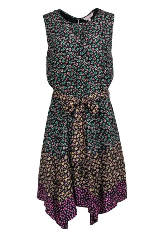 Rebecca Taylor - Black w/ Multicolor Floral Print Sleeveless Dress Sz L