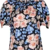 Rebecca Taylor - Black w/ Peach & Blue Floral Print Ruffled Mock Neck Top Sz S