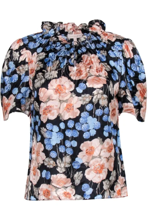 Rebecca Taylor - Black w/ Peach & Blue Floral Print Ruffled Mock Neck Top Sz S