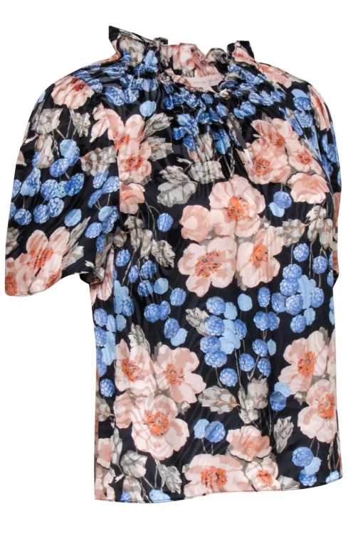 Rebecca Taylor - Black w/ Peach & Blue Floral Print Ruffled Mock Neck Top Sz S