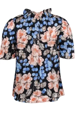 Rebecca Taylor - Black w/ Peach & Blue Floral Print Ruffled Mock Neck Top Sz S