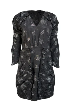 Rebecca Taylor - Black w/ Silver Floral Glitter Print Silk Jacquard Dress Sz 8