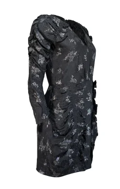 Rebecca Taylor - Black w/ Silver Floral Glitter Print Silk Jacquard Dress Sz 8