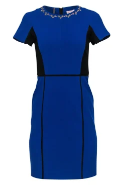Rebecca Taylor - Blue & Black Paneled Short Sleeve Sheath Dress w/ Studded Neckline Sz 2
