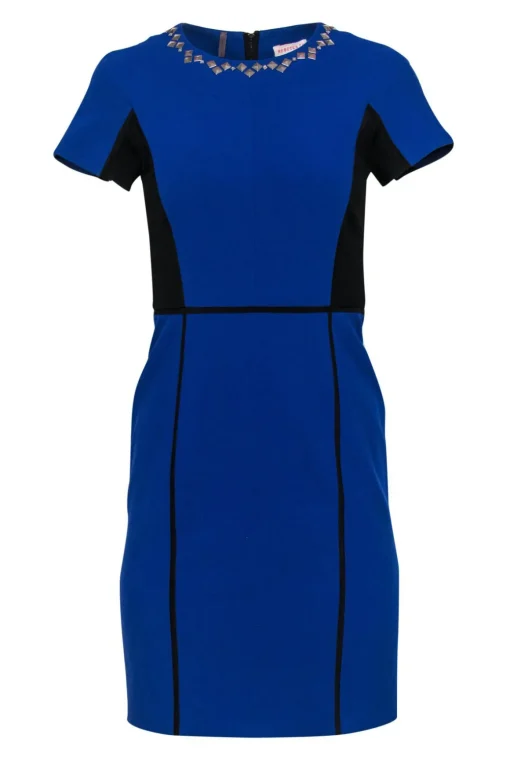 Rebecca Taylor - Blue & Black Paneled Short Sleeve Sheath Dress w/ Studded Neckline Sz 2
