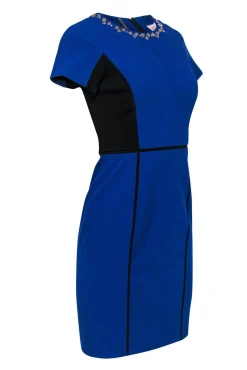 Rebecca Taylor - Blue & Black Paneled Short Sleeve Sheath Dress w/ Studded Neckline Sz 2