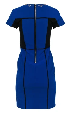 Rebecca Taylor - Blue & Black Paneled Short Sleeve Sheath Dress w/ Studded Neckline Sz 2