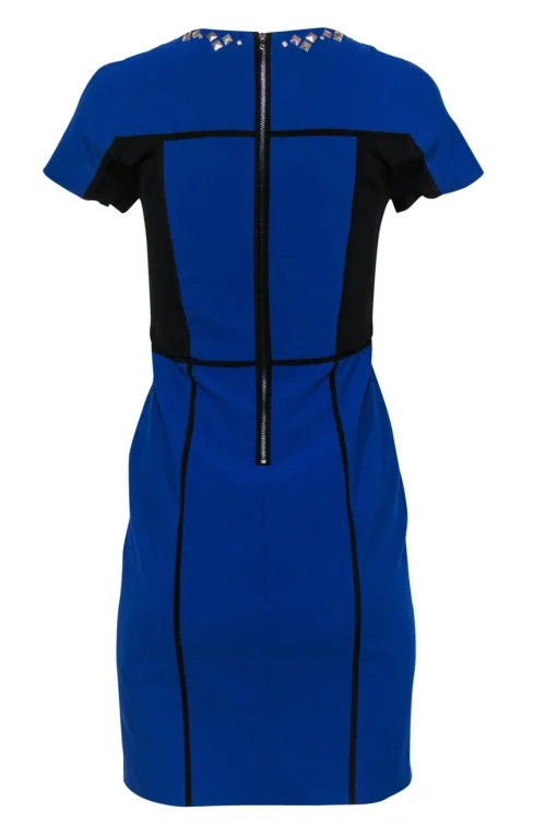 Rebecca Taylor - Blue & Black Paneled Short Sleeve Sheath Dress w/ Studded Neckline Sz 2