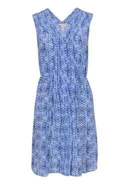 Rebecca Taylor - Blue Geometric Printed Silk A-Line Dress w/ Pleats Sz 0