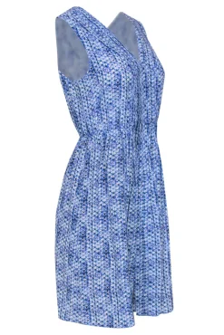 Rebecca Taylor - Blue Geometric Printed Silk A-Line Dress w/ Pleats Sz 0