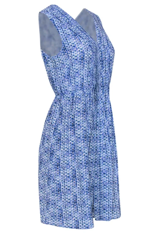 Rebecca Taylor - Blue Geometric Printed Silk A-Line Dress w/ Pleats Sz 0