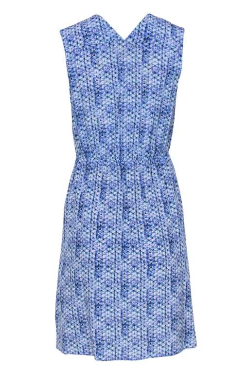 Rebecca Taylor - Blue Geometric Printed Silk A-Line Dress w/ Pleats Sz 0