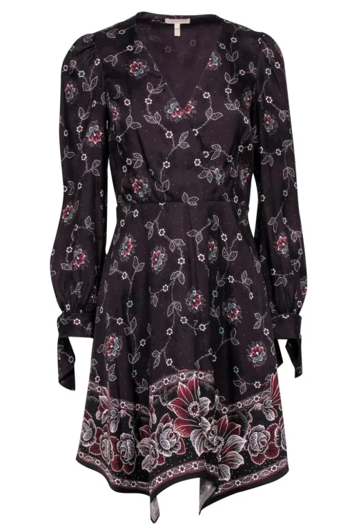 Rebecca Taylor - Burgundy Floral Print Fit & Flare Dress w/ Scarf Hem Sz 4